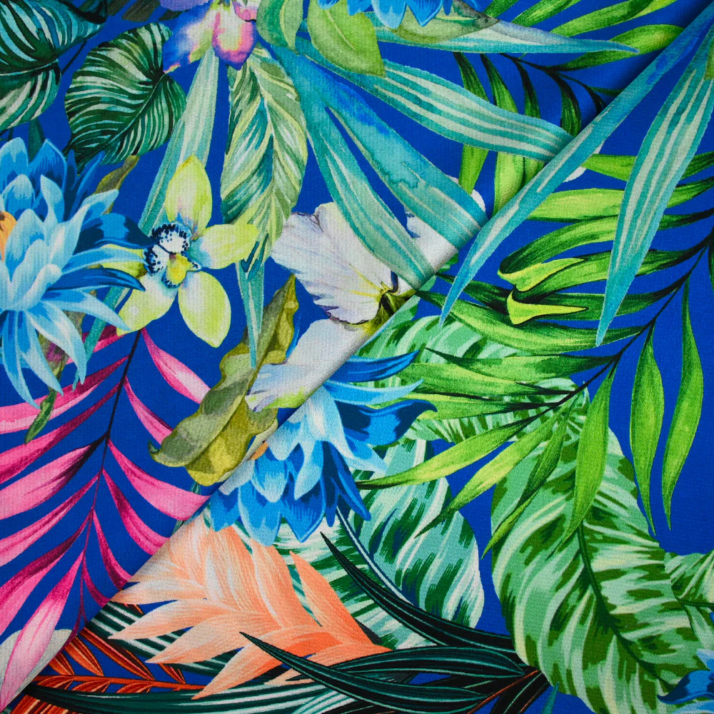 Satin polyester imprimé jardin botanique fond bleu roi - Image 4