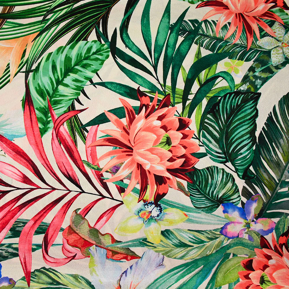 Satin polyester imprimé jardin botanique fond ivoire