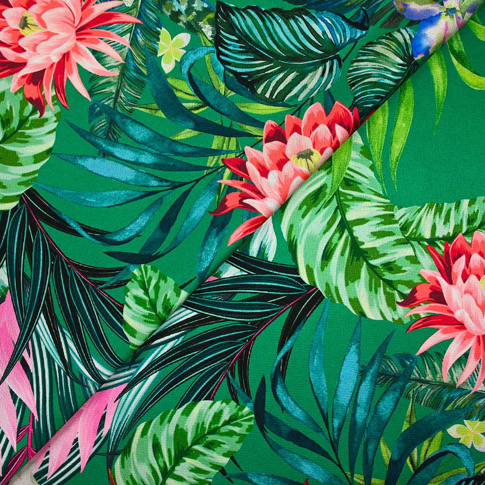 Satin polyester imprimé jardin botanique fond vert gazon - Image 4