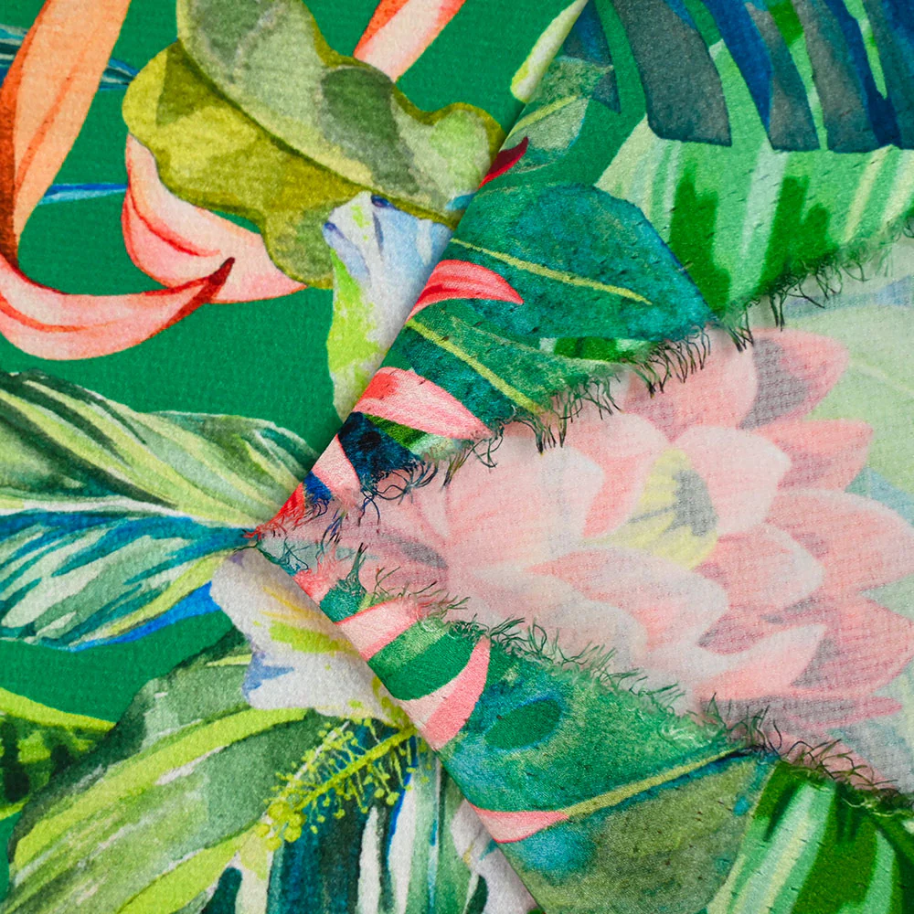 Satin polyester imprimé jardin botanique fond vert gazon - Image 5