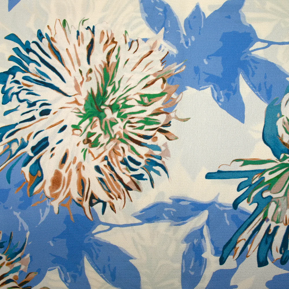 Satin polyester imprimé pissenlit des champs bleu fond écru