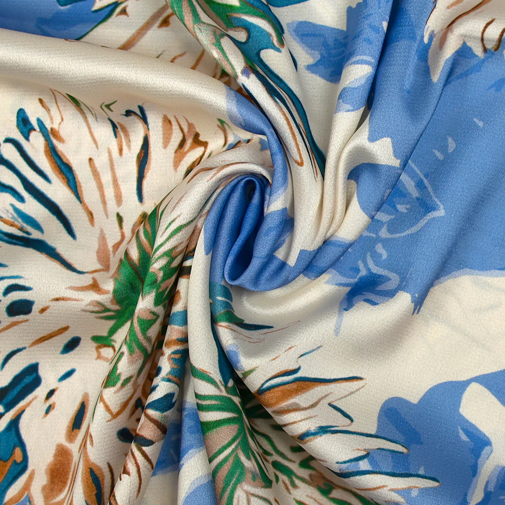 Satin polyester imprimé pissenlit des champs bleu fond écru - Image 2