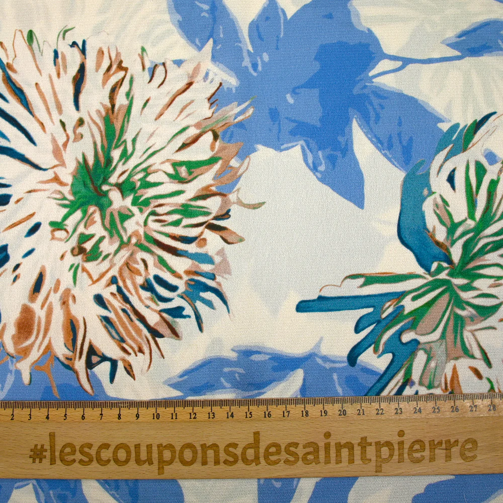 Satin polyester imprimé pissenlit des champs bleu fond écru - Image 3