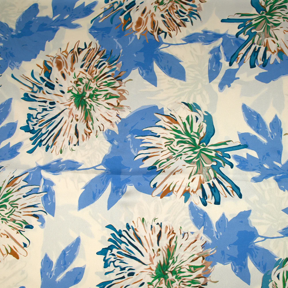 Satin polyester imprimé pissenlit des champs bleu fond écru - Image 4