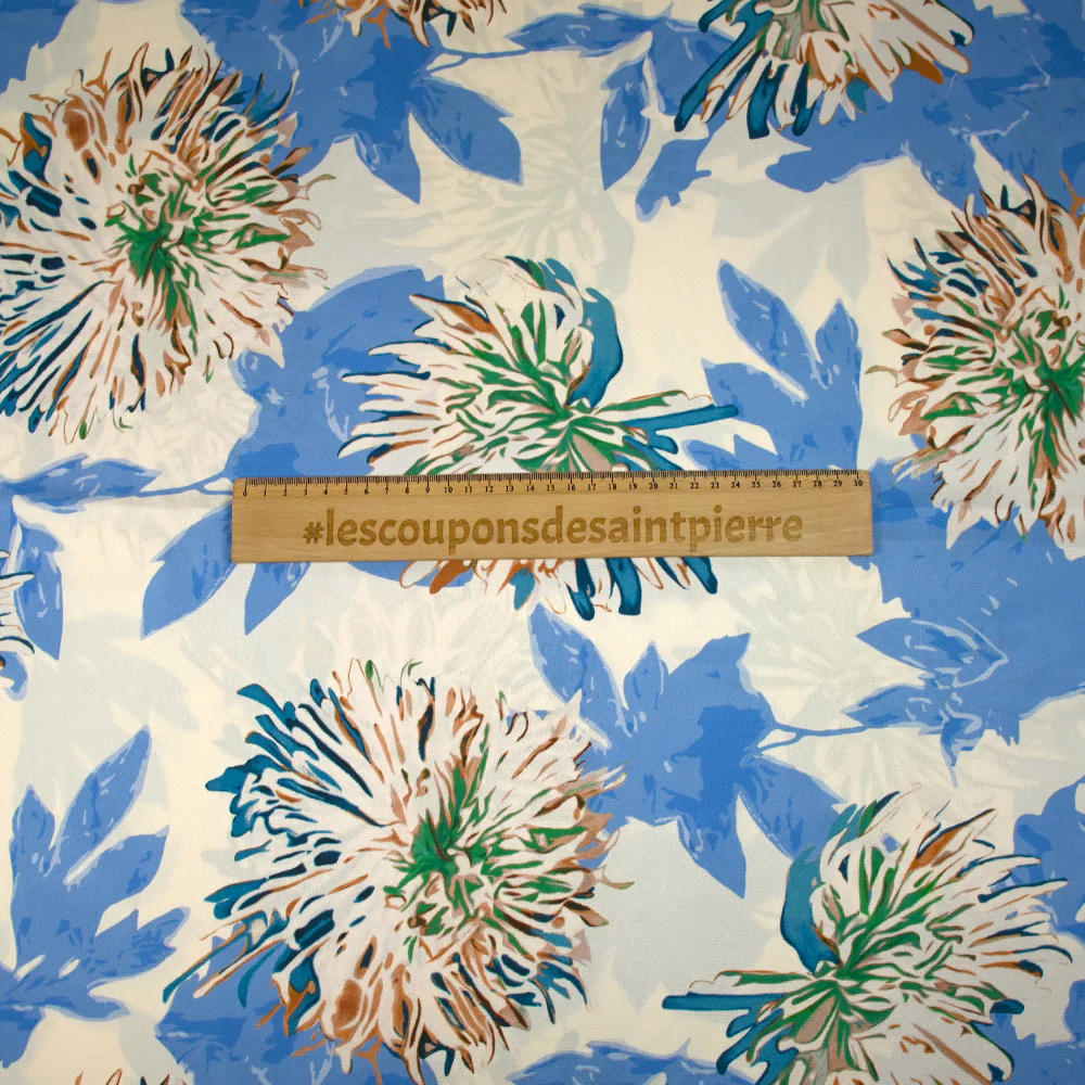 Satin polyester imprimé pissenlit des champs bleu fond écru - Image 5