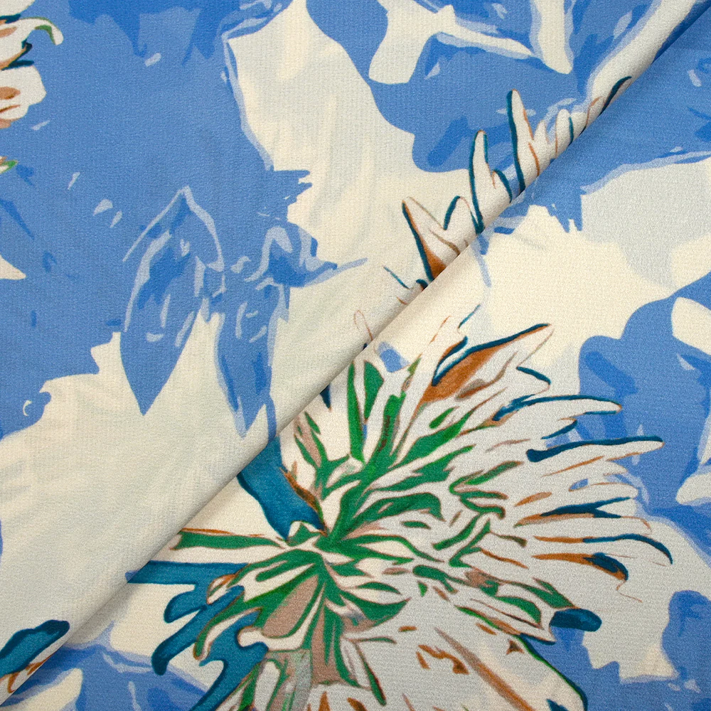 Satin polyester imprimé pissenlit des champs bleu fond écru - Image 6