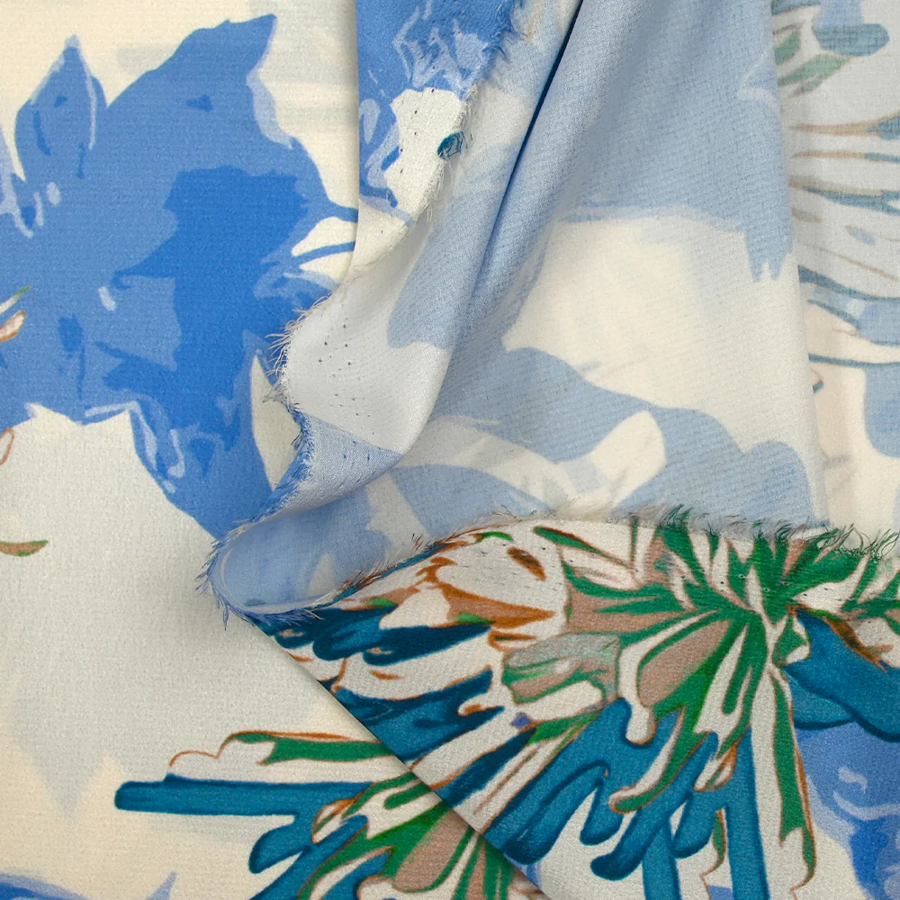 Satin polyester imprimé pissenlit des champs bleu fond écru - Image 7