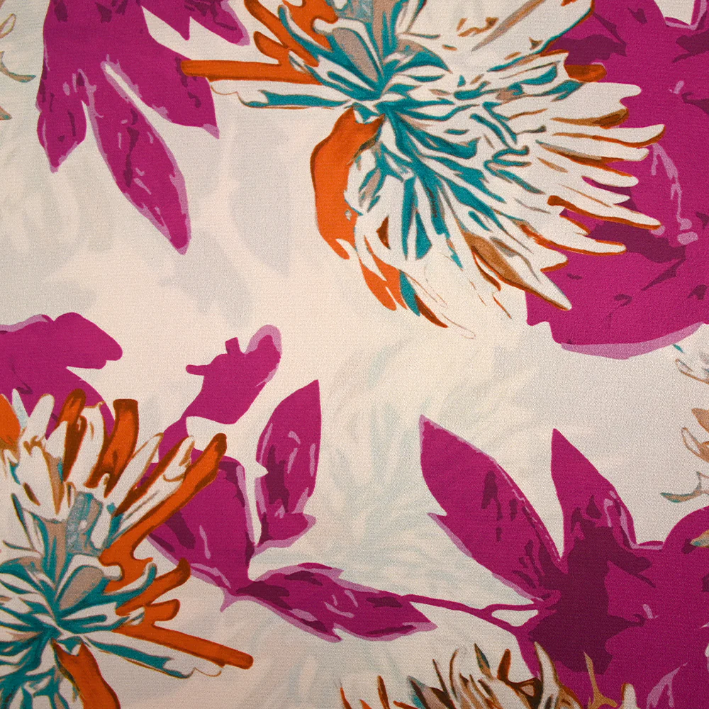 Satin polyester imprimé pissenlit des champs magenta fond rosé
