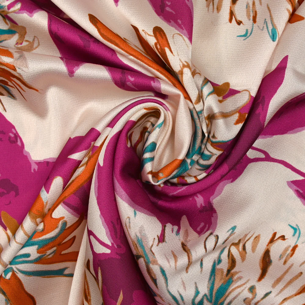 Satin polyester imprimé pissenlit des champs magenta fond rosé - Image 2