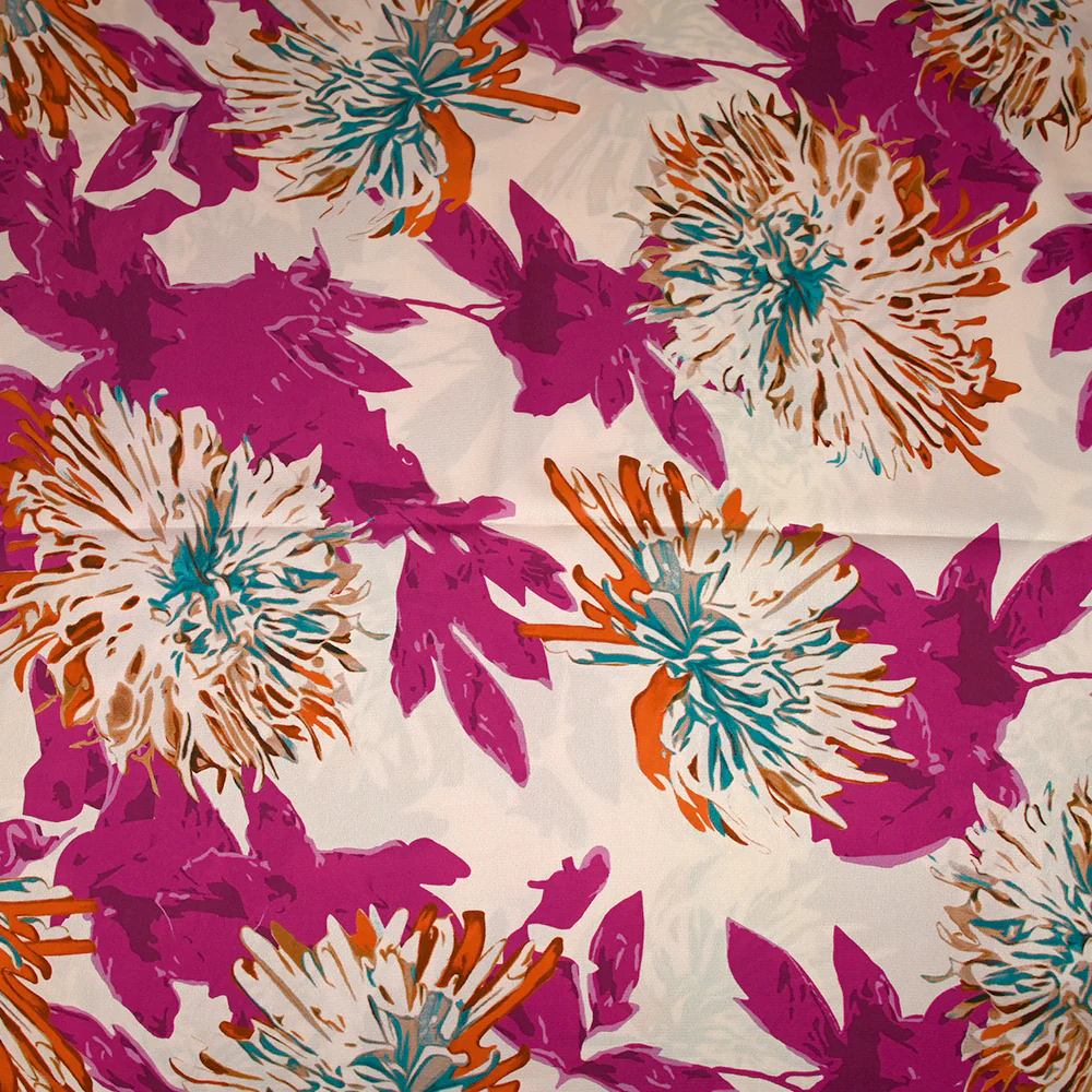 Satin polyester imprimé pissenlit des champs magenta fond rosé - Image 4