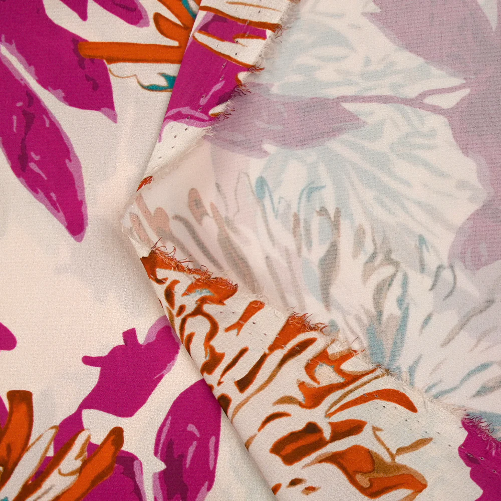 Satin polyester imprimé pissenlit des champs magenta fond rosé - Image 7