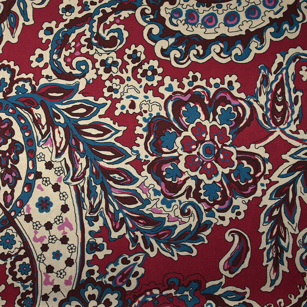 Satin polyester imprimé Pondicherry fond bordeaux