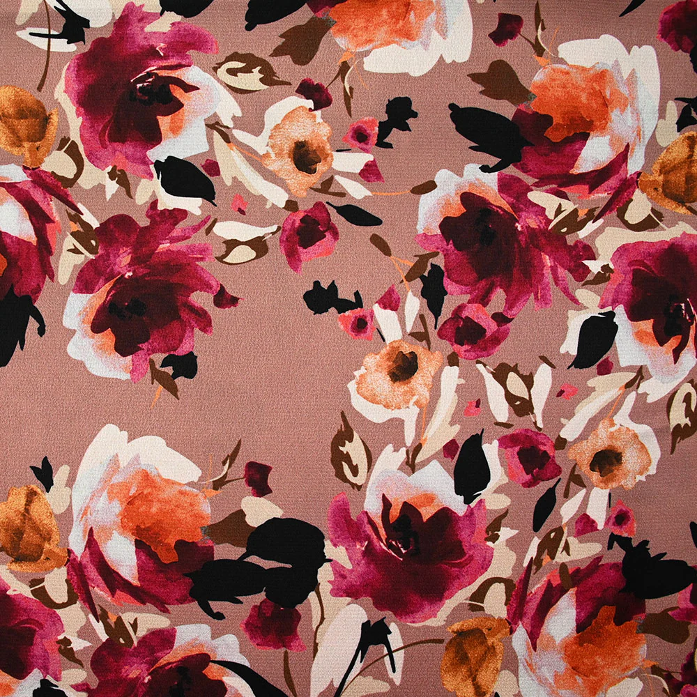 Satin polyester imprimé rose aquarelle bordeaux fond bois de rose