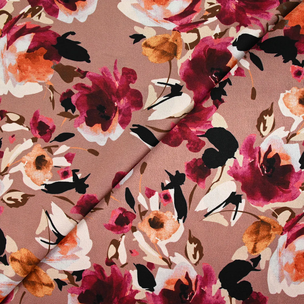 Satin polyester imprimé rose aquarelle bordeaux fond bois de rose - Image 4
