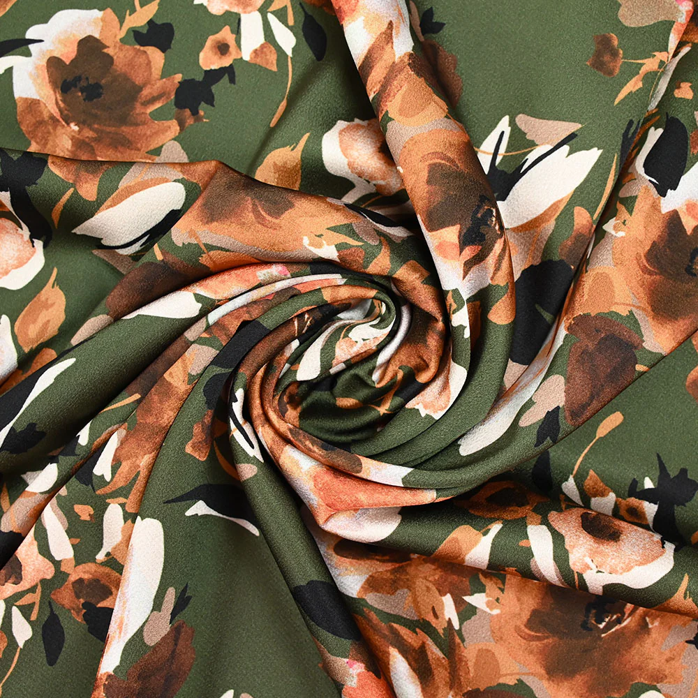 Satin polyester imprimé rose aquarelle orange fond kaki - Image 2