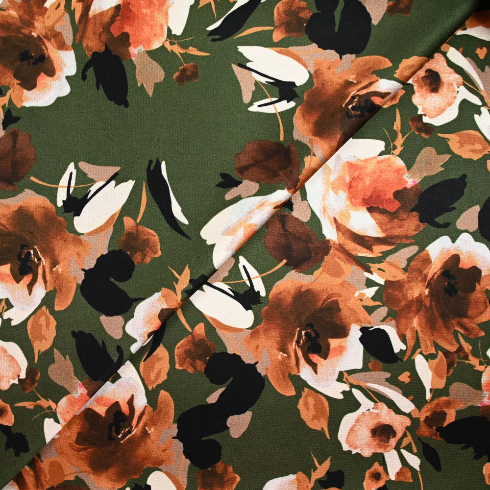 Satin polyester imprimé rose aquarelle orange fond kaki - Image 4