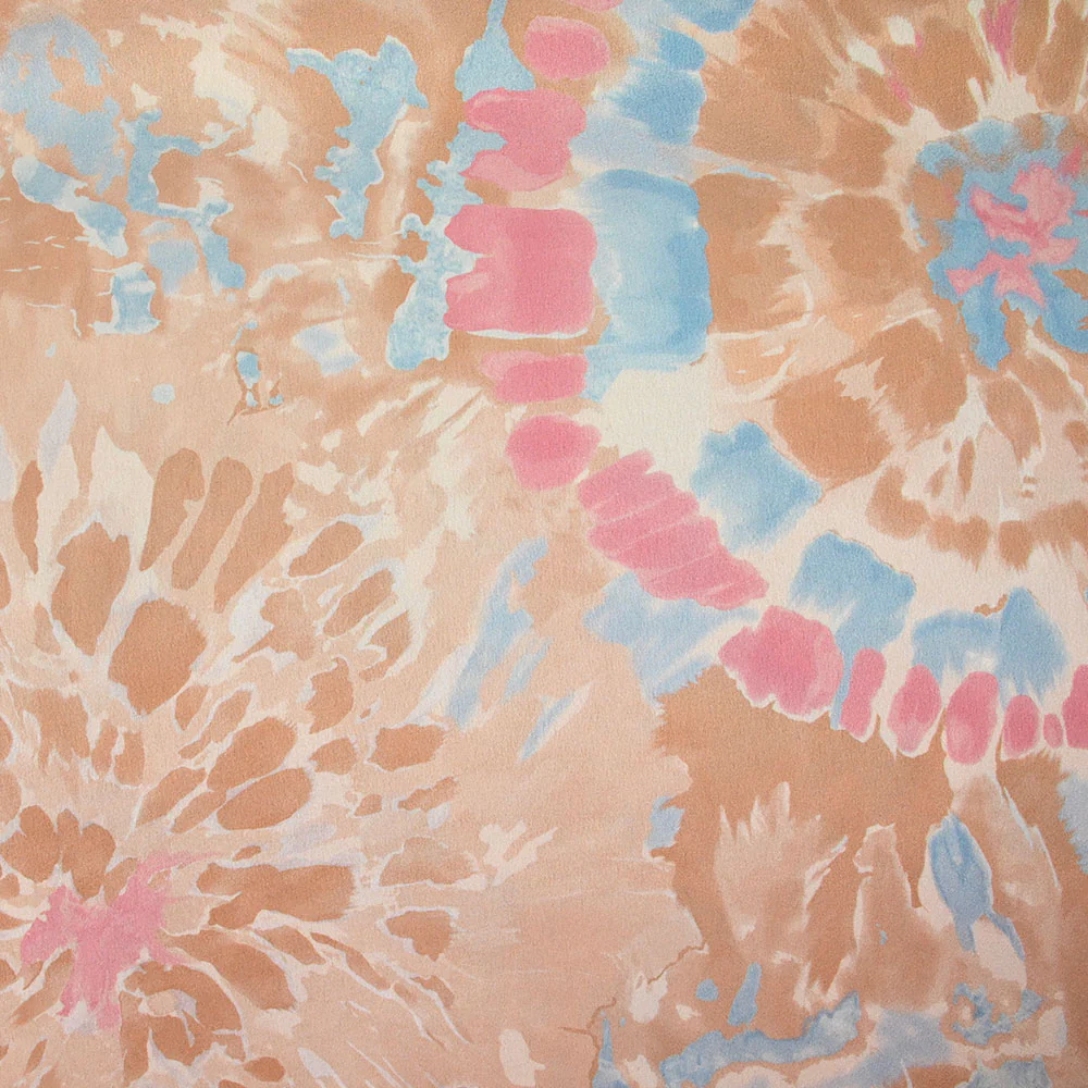 Satin polyester imprimé tie dye pastel rose et beige