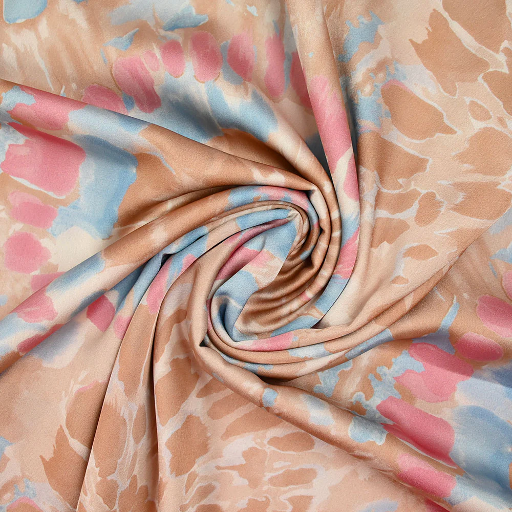 Satin polyester imprimé tie dye pastel rose et beige - Image 2