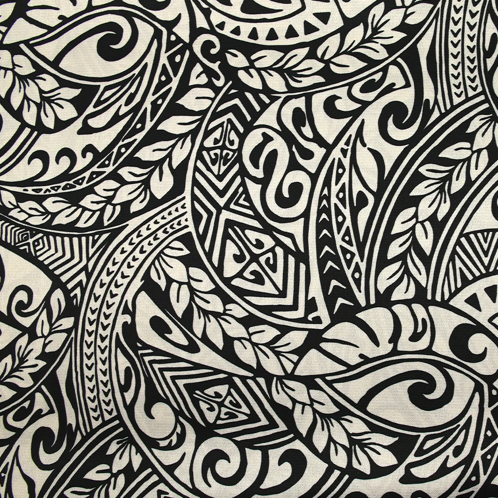 Satin polyester imprimé tribal hawaïen fond noir