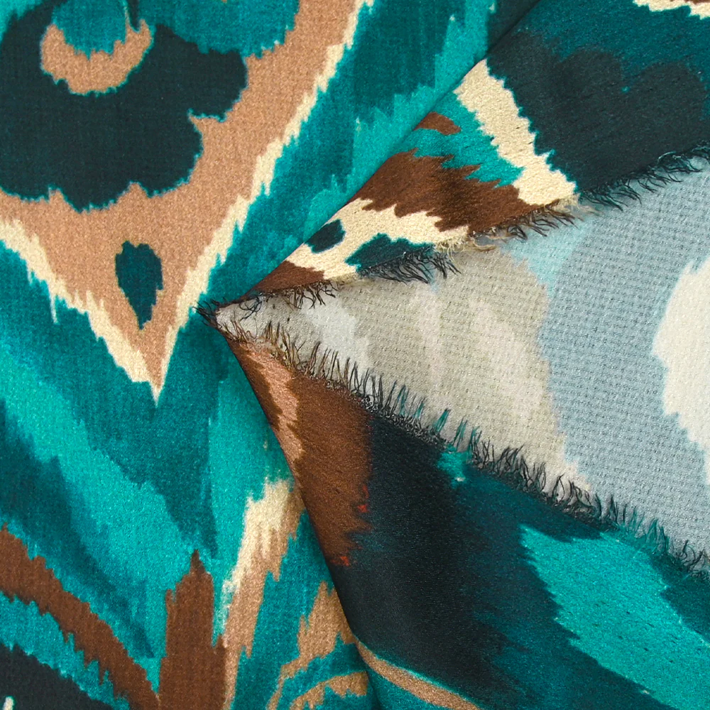 Satin polyester imprimé vibration de cachemire marron et bleu canard - Image 7