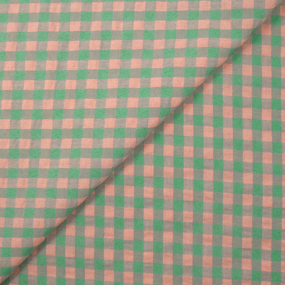 Seersucker Vichy rose saumon et vert d'eau