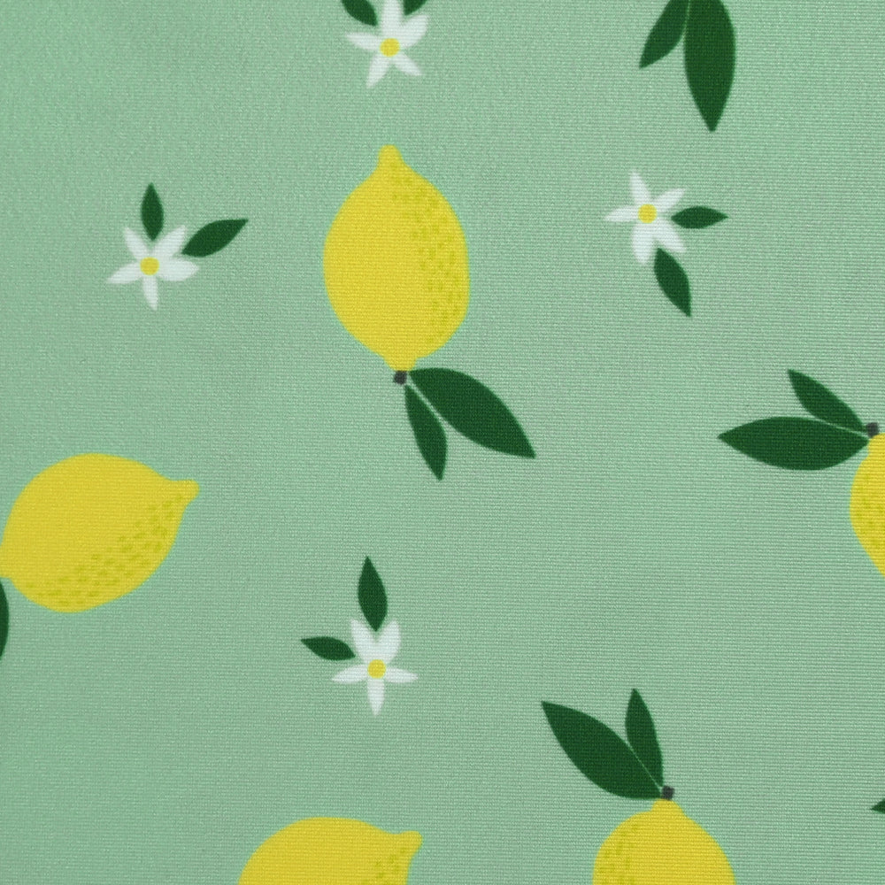 Tissu Maillot de bain recyclé UPF50 citrons et fleurs fond menthe - Image 4
