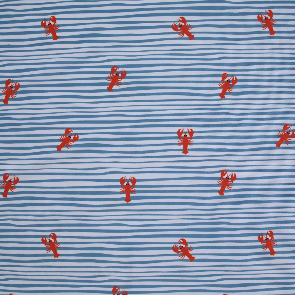 Tissu Maillot de bain recyclé UPF50 rayé et homard fond bleu et blanc
