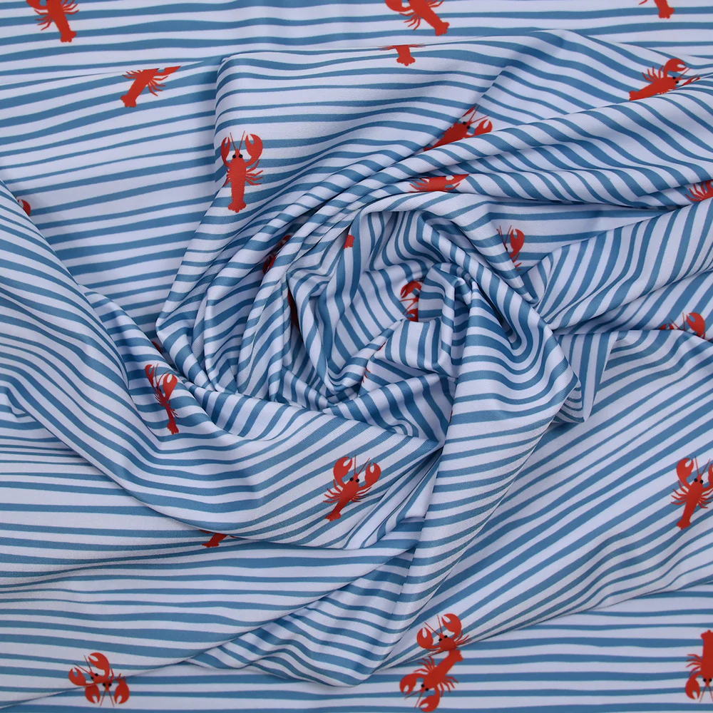 Tissu Maillot de bain recyclé UPF50 rayé et homard fond bleu et blanc - Image 2