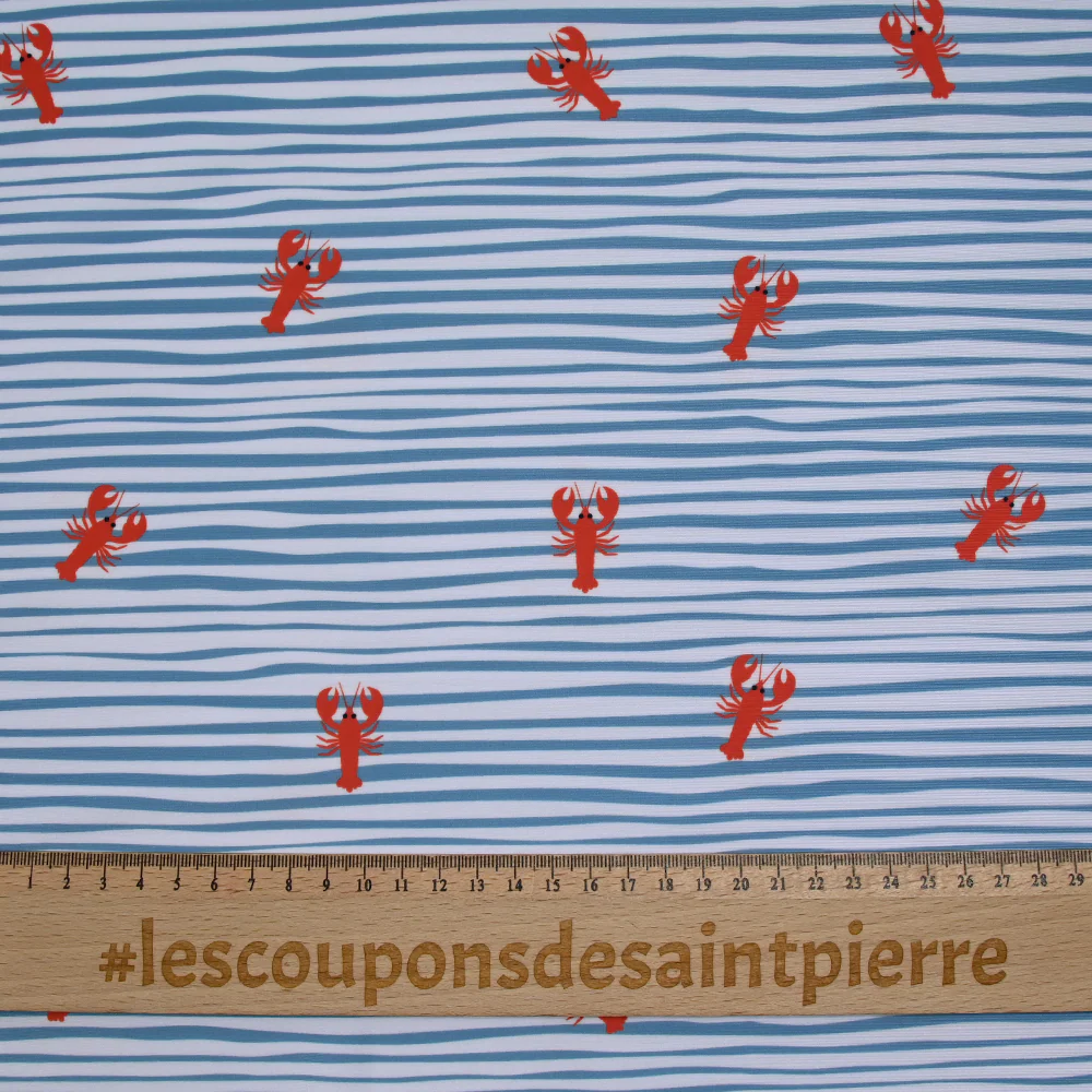 Tissu Maillot de bain recyclé UPF50 rayé et homard fond bleu et blanc - Image 3