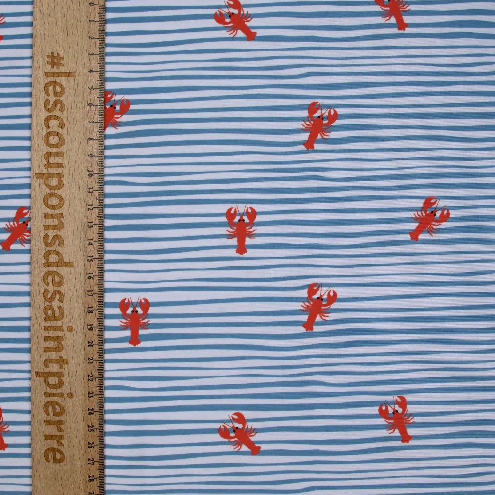 Tissu Maillot de bain recyclé UPF50 rayé et homard fond bleu et blanc - Image 4