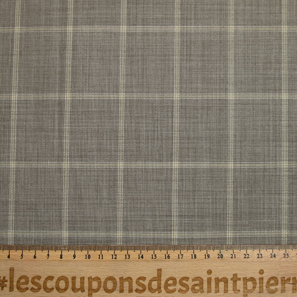 Tissu tailleur 100% laine à carreaux taupe et écru - Image 4