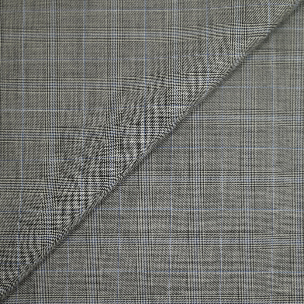 Tissu tailleur 100% laine prince-de-galles noir, bleu fond blanc cassé