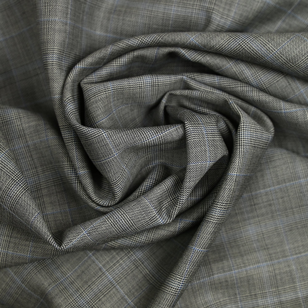 Tissu tailleur 100% laine prince-de-galles noir, bleu fond blanc cassé - Image 2