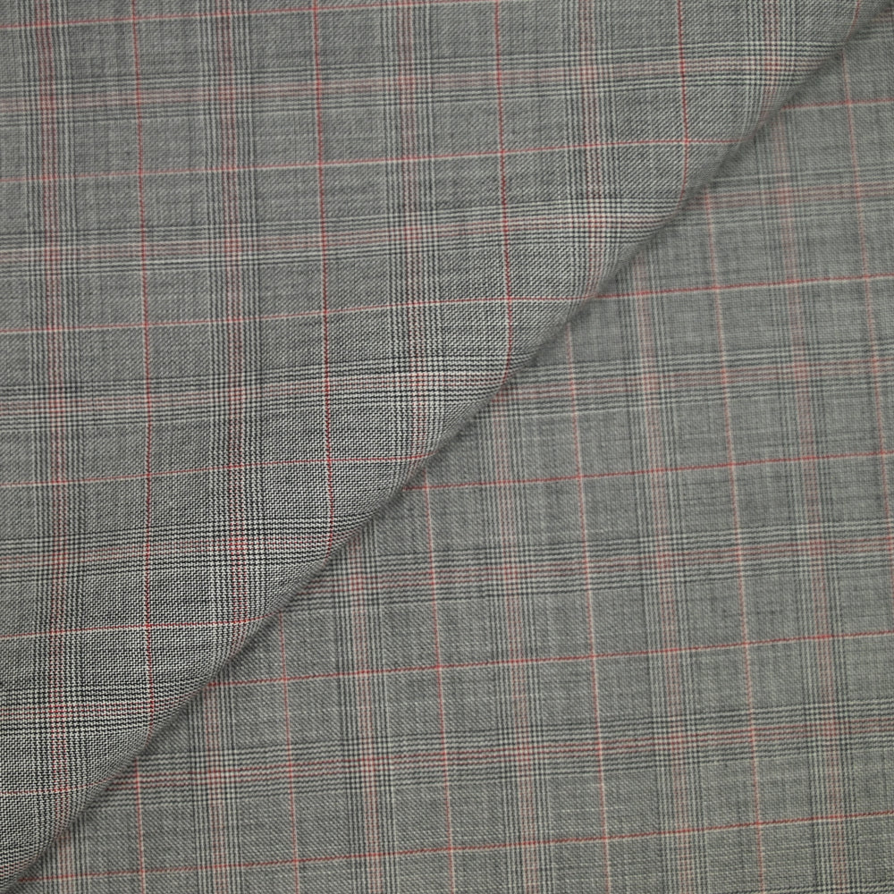 Tissu tailleur 100% laine prince-de-galles noir, rouge fond blanc cassé