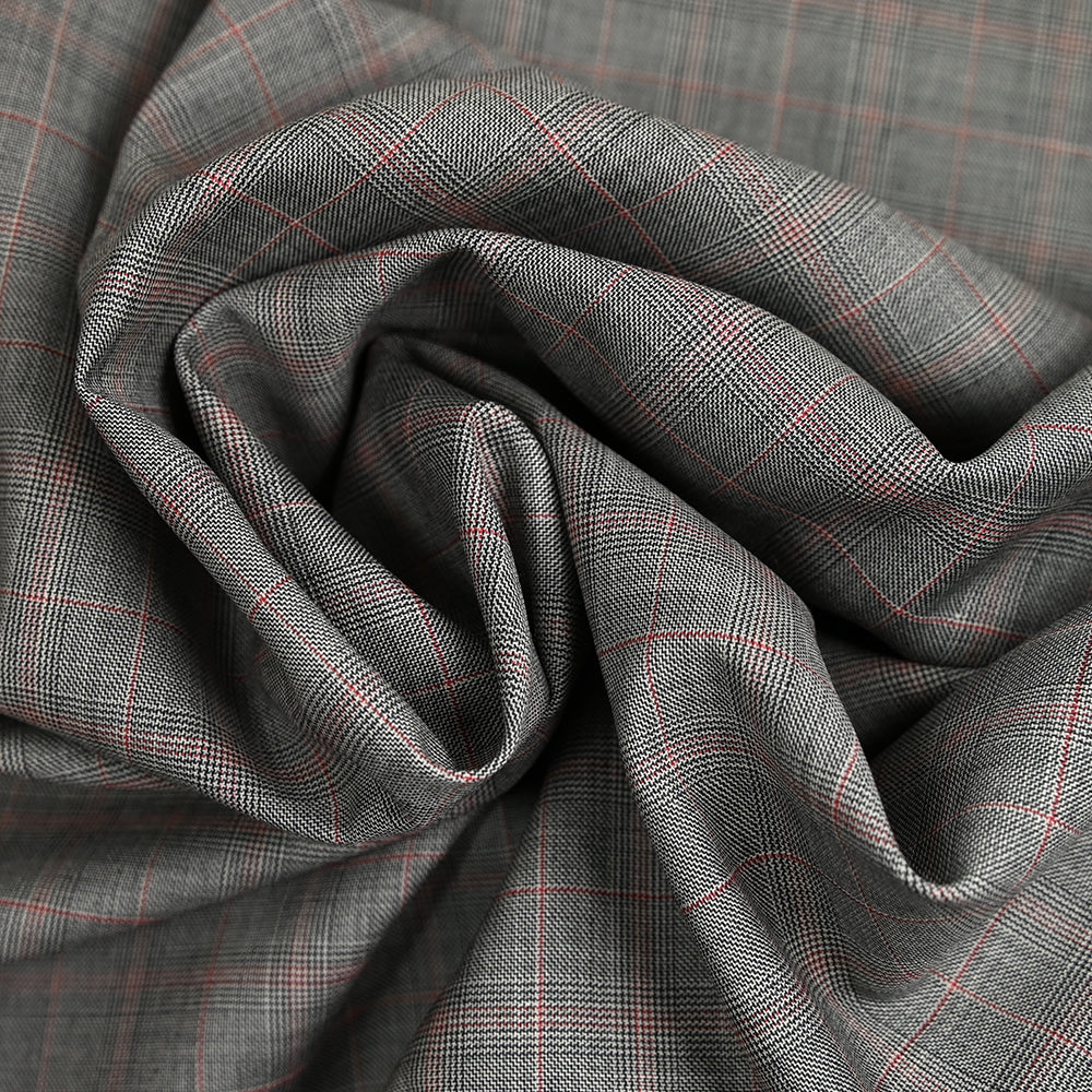 Tissu tailleur 100% laine prince-de-galles noir, rouge fond blanc cassé - Image 2