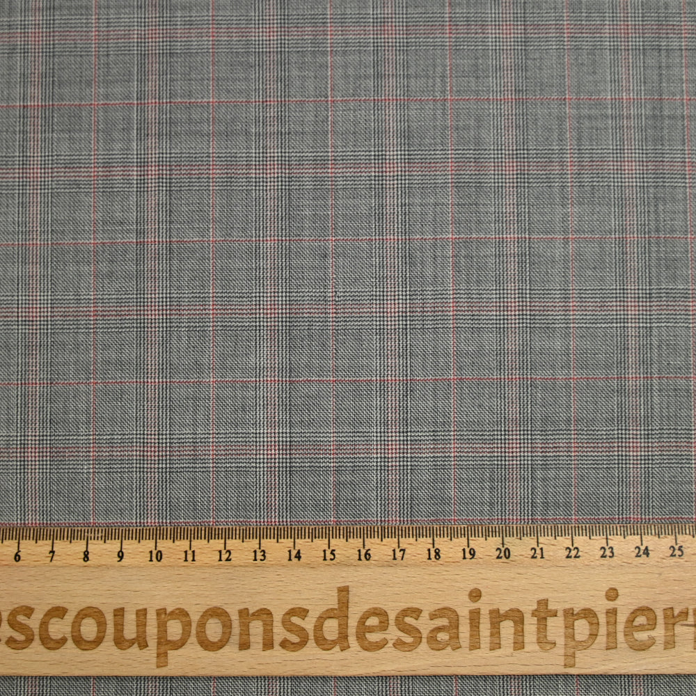 Tissu tailleur 100% laine prince-de-galles noir, rouge fond blanc cassé - Image 4