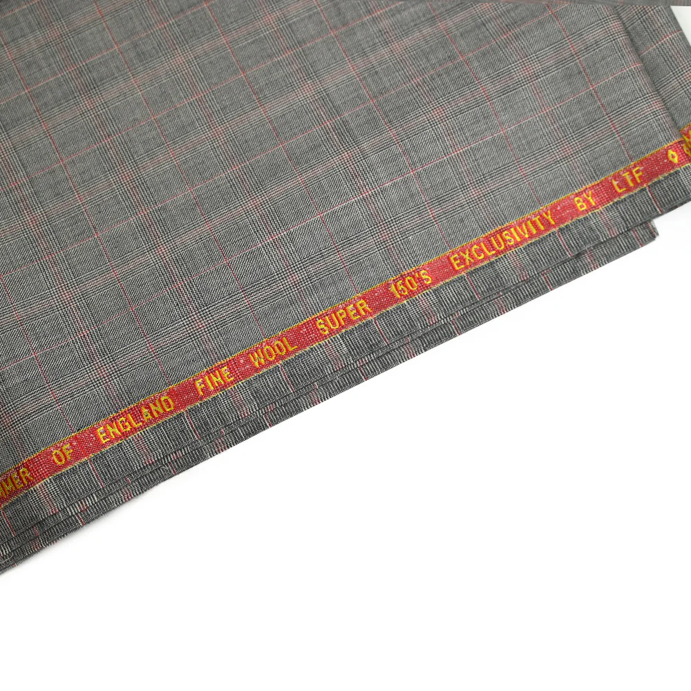 Tissu tailleur 100% laine prince-de-galles noir, rouge fond blanc cassé - Image 5