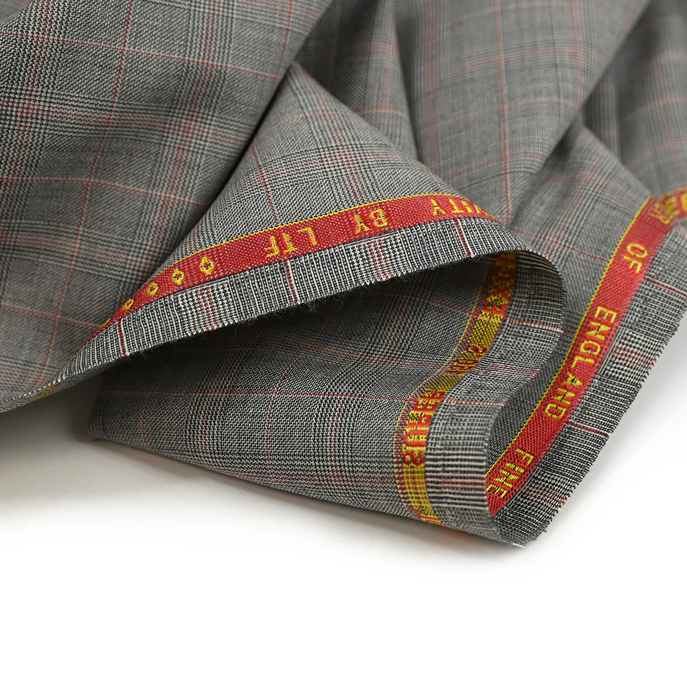 Tissu tailleur 100% laine prince-de-galles noir, rouge fond blanc cassé - Image 6