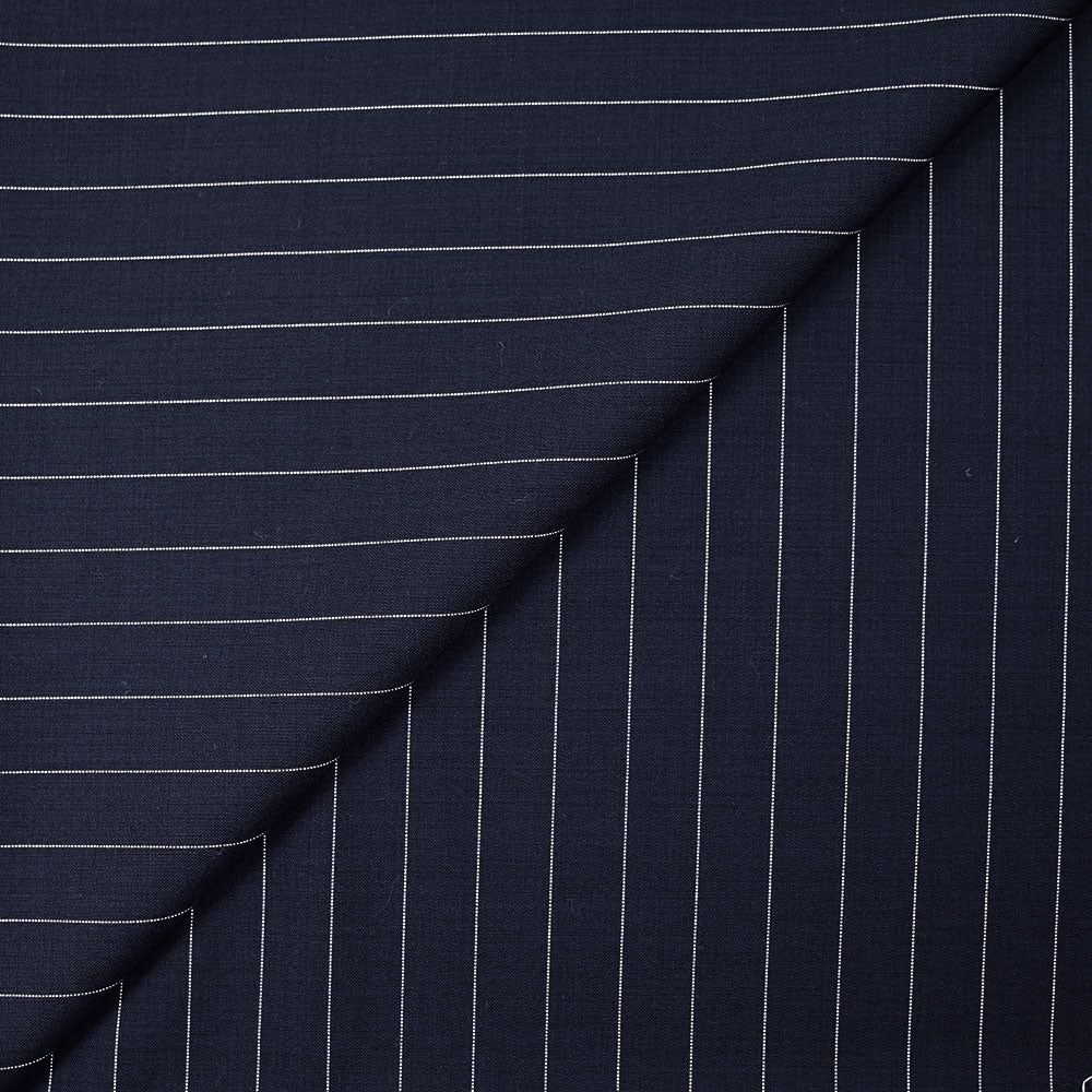 Tissu tailleur 100% laine rayé blanc fond bleu marine