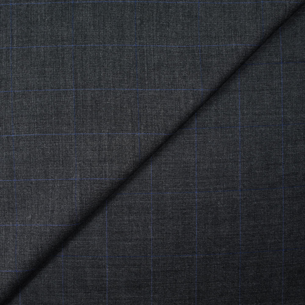 Tissu tailleur laine et cachemire Ă carreaux bleu fond gris anthracite