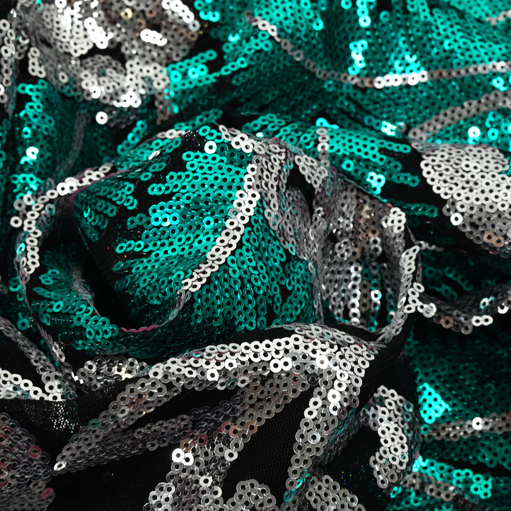 Tulle sequin plumes royales argent et émeraude - Image 2