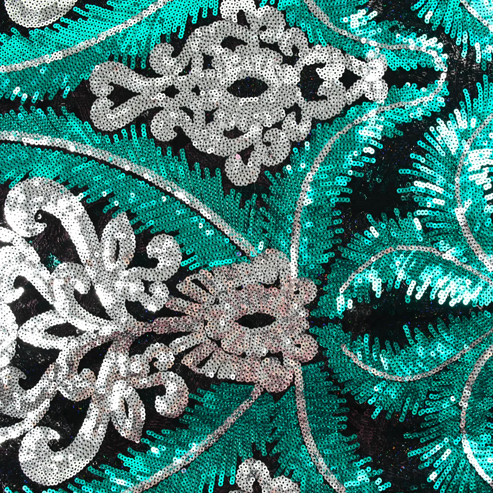 Tulle sequin plumes royales argent et émeraude - Image 3