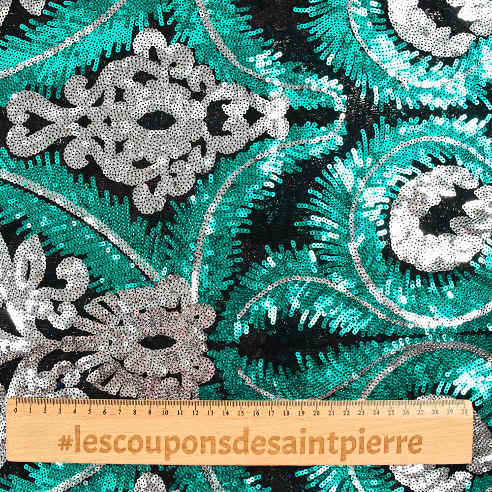 Tulle sequin plumes royales argent et émeraude - Image 5