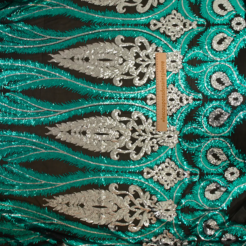 Tulle sequin plumes royales argent et émeraude - Image 6