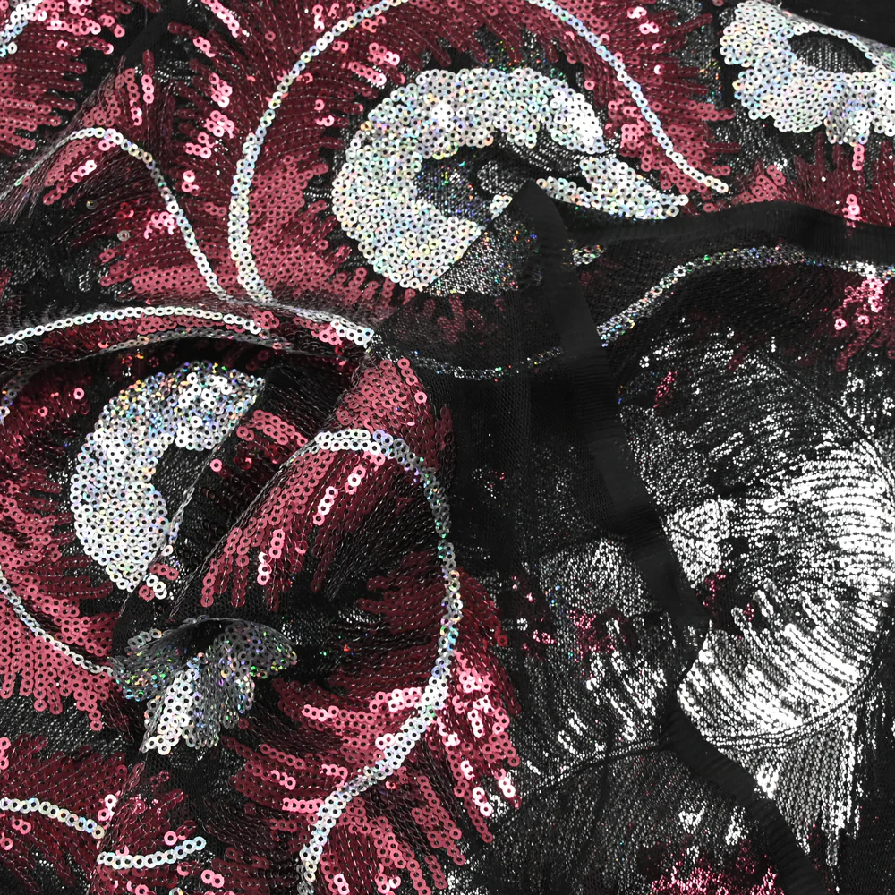 Tulle sequin plumes royales argent holographique et bordeaux - Image 5