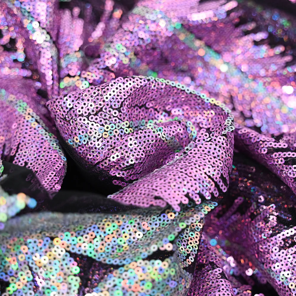 Tulle sequin plumes royales argent holographique et parme - Image 2