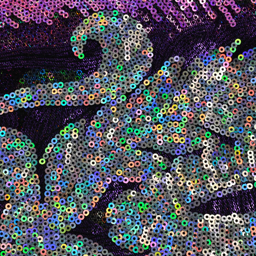 Tulle sequin plumes royales argent holographique et parme - Image 3