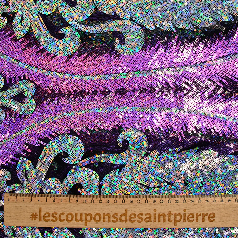 Tulle sequin plumes royales argent holographique et parme - Image 5