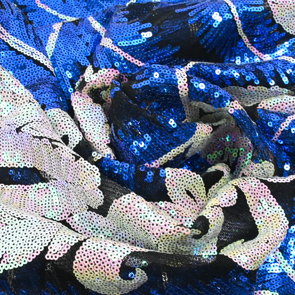 Tulle sequin plumes royales blanc holographique et bleu roi - Image 2