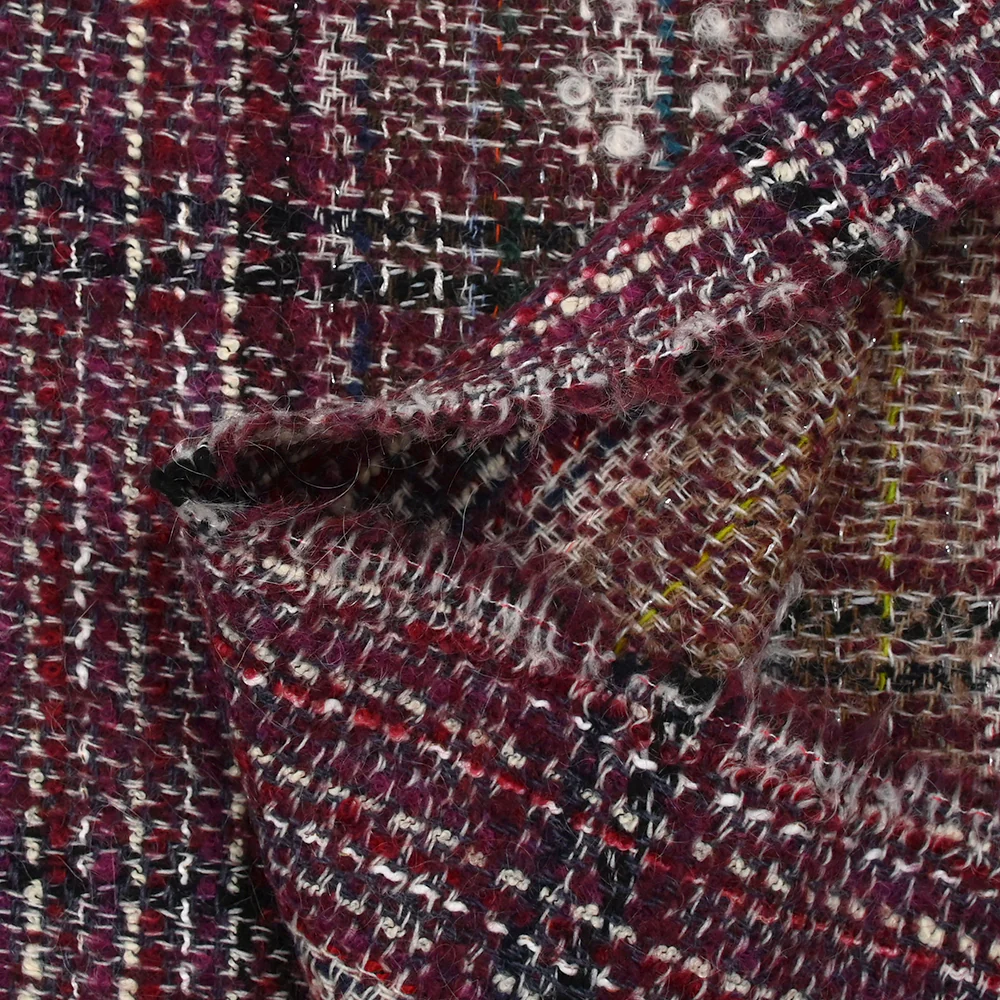 Tweed de laine mélangée Capucine ligne marine et noire fond lie de vin - Image 6
